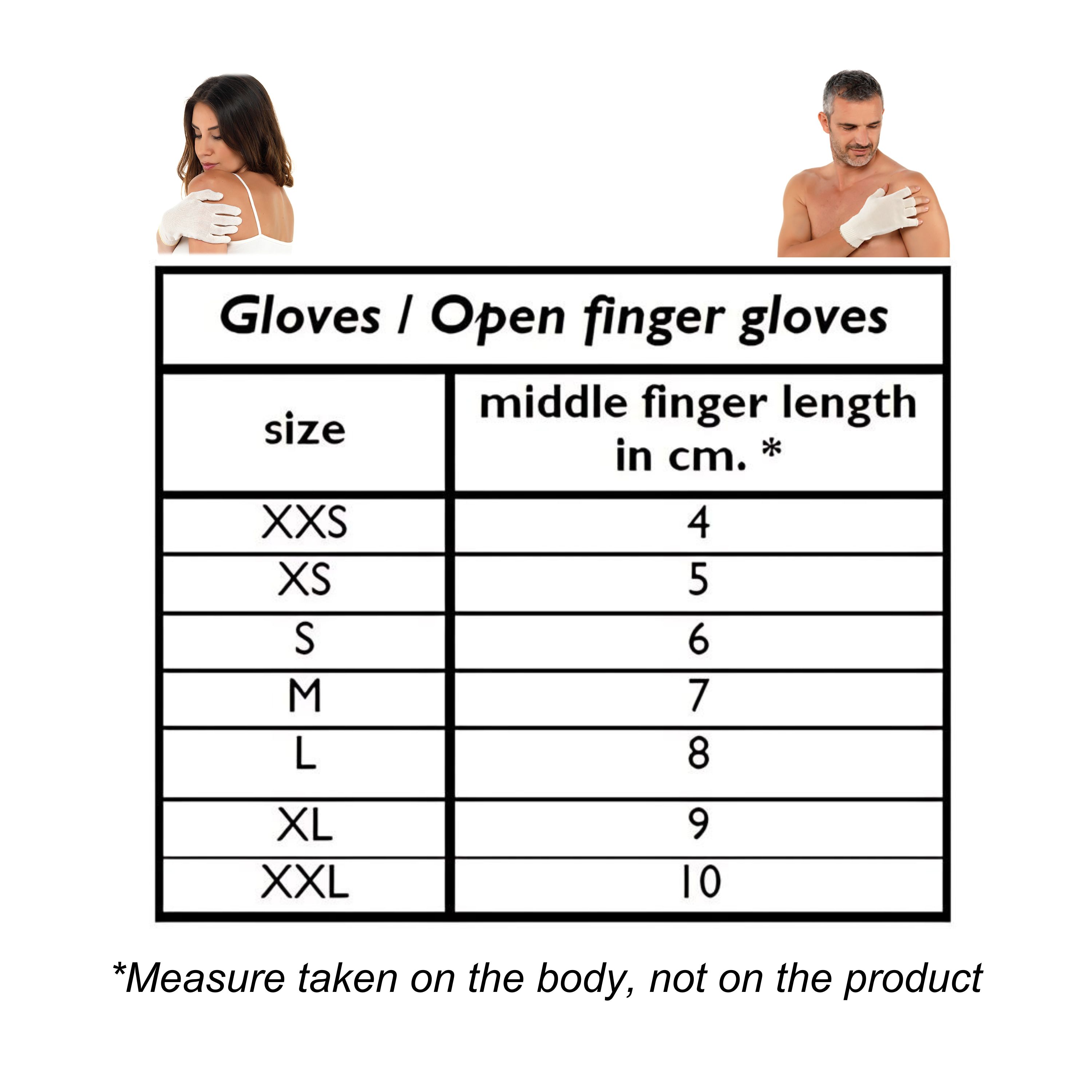 DermaSilk Adult Fingerless Gloves size guide