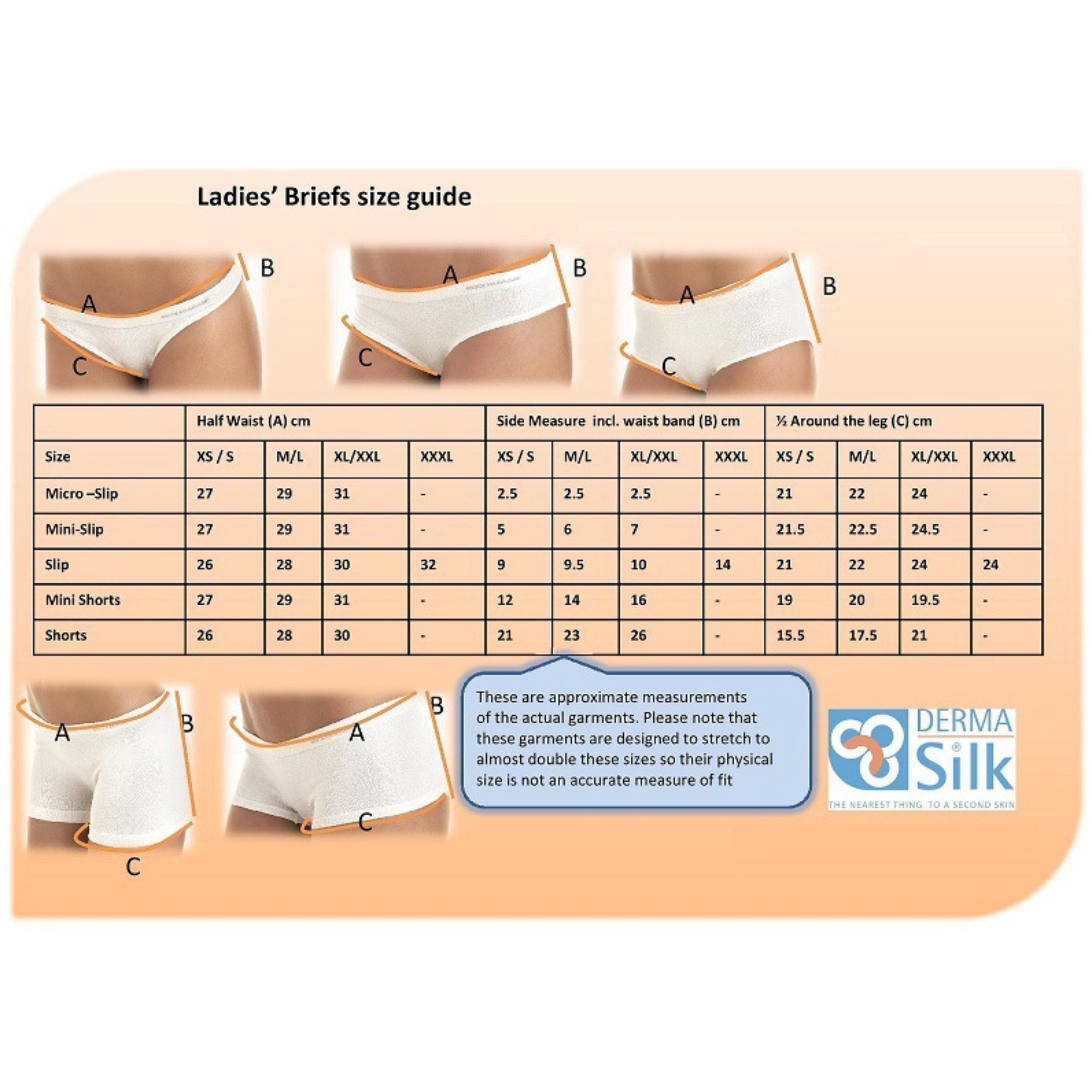 Dermasilk Intimo Ladies briefs size guide