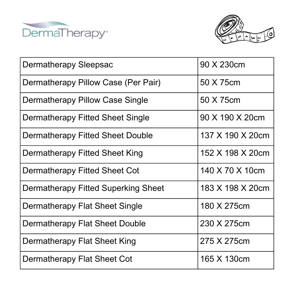 Size chart for Dermatherapy Therapeutic Bedding